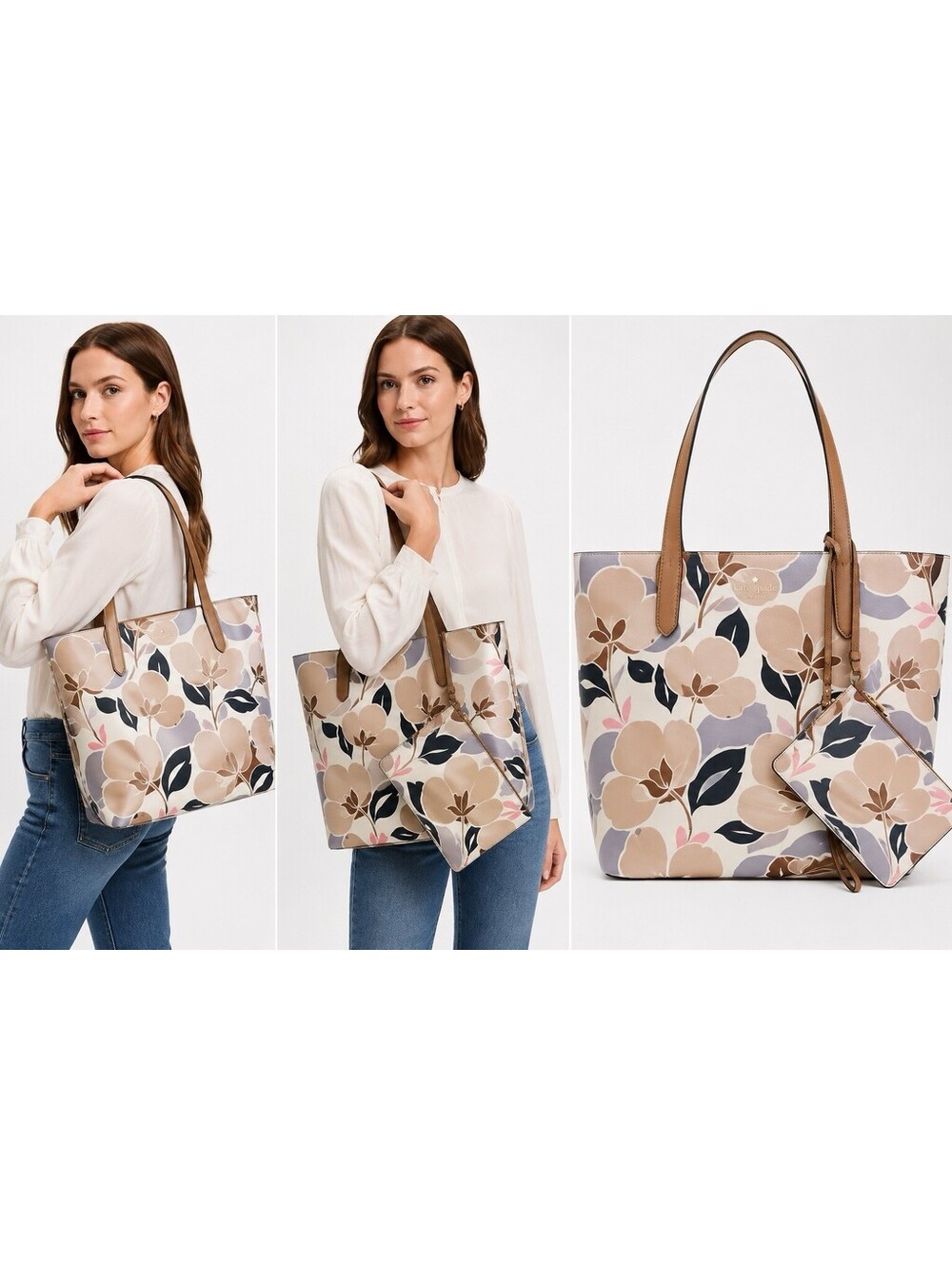 Kate Spade Arch Place Mya Breezy Floral Reversible Coated Canvas Tote + Pouch NE - Picture 2 of 15